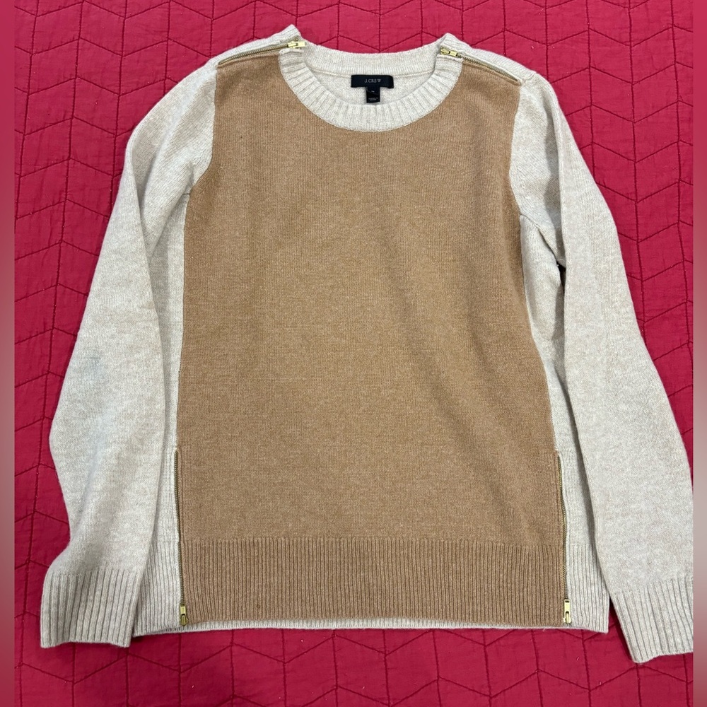 J.Crew tan and camel sweater with gold zippers. Size medium.